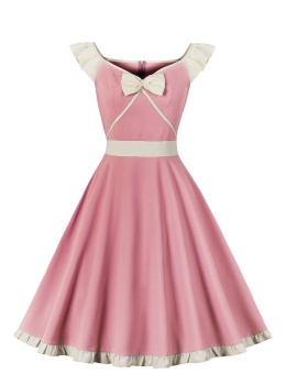 Round neck bow retro pink pinched waist dress