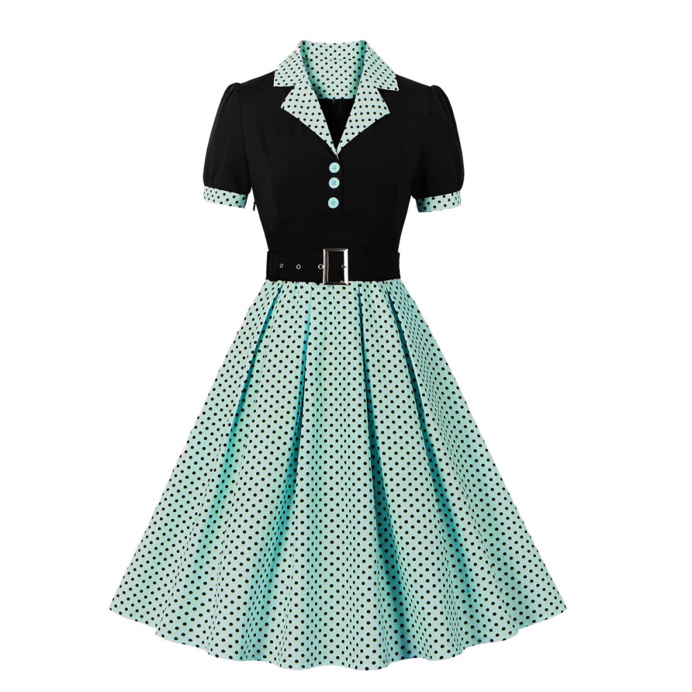 Spring and summer short sleeve belt polka dot lapel dress