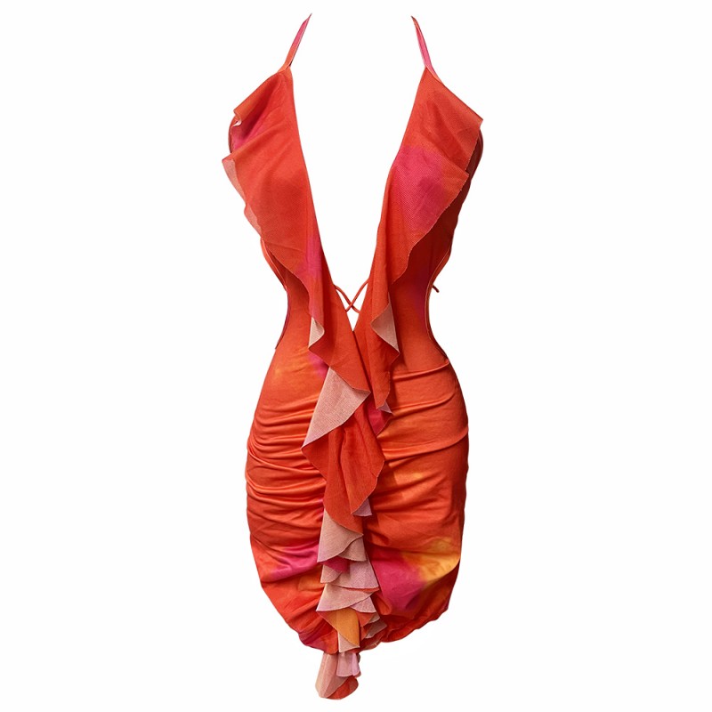 Fold halter printing sling spicegirl dress