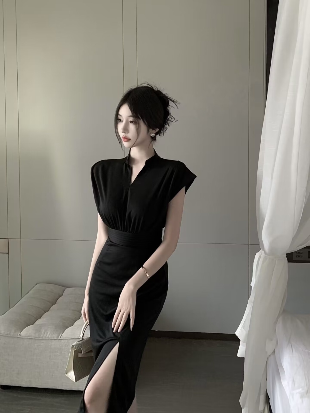 Sexy black fold split pinched waist summer V-neck dress