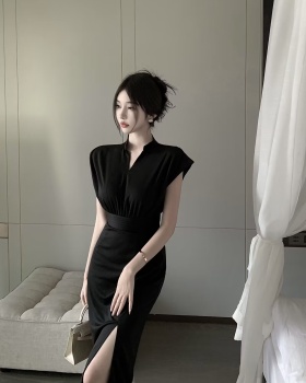 Sexy black fold split pinched waist summer V-neck dress