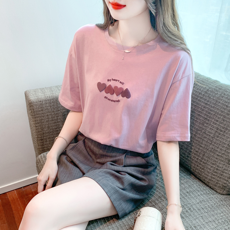 Summer short sleeve tops printing pink T-shirt for women