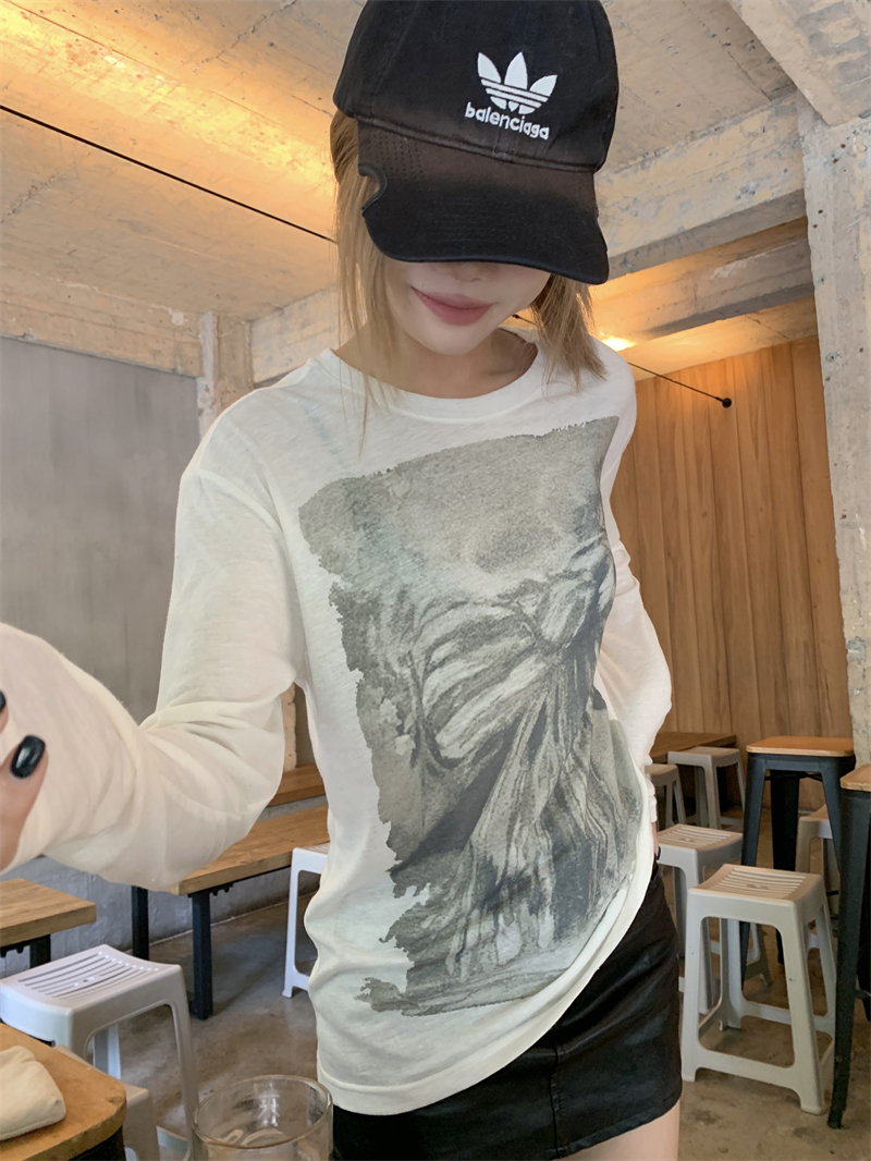 Loose printing white T-shirt thin summer tops for women