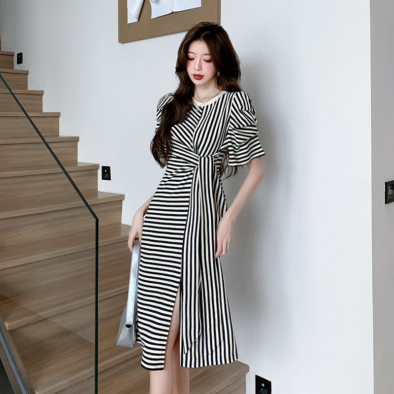 Niche slim stripe long dress frenum temperament dress