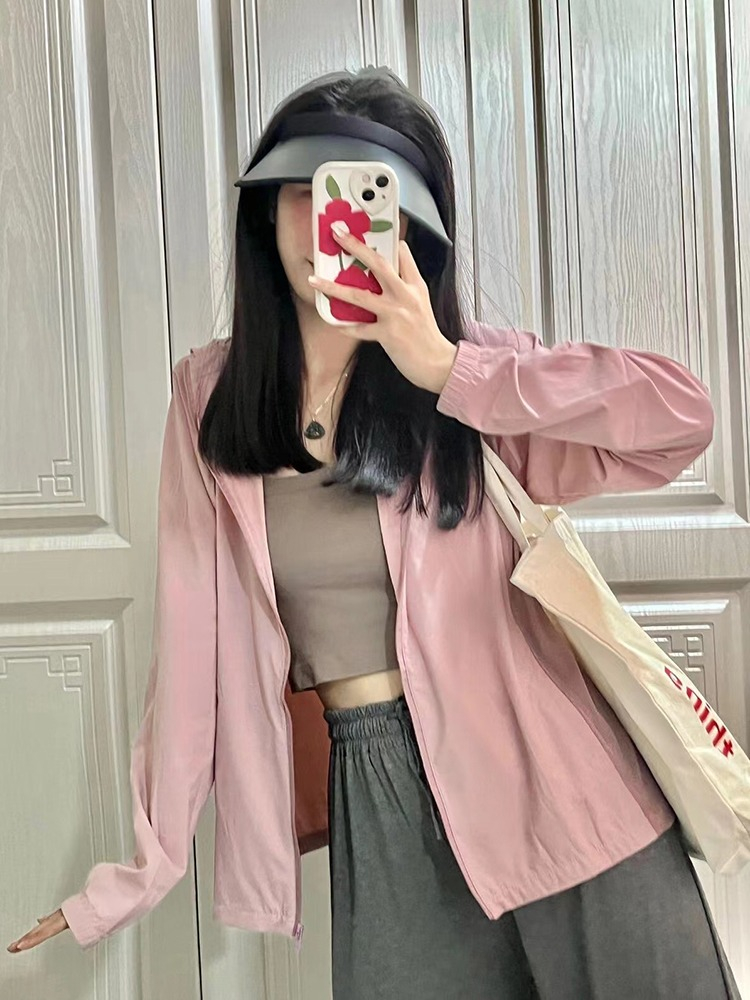 Ice silk breathable sun shirt hooded pink cardigan for women