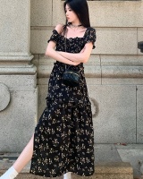 Pinched waist black slim split tender floral dress