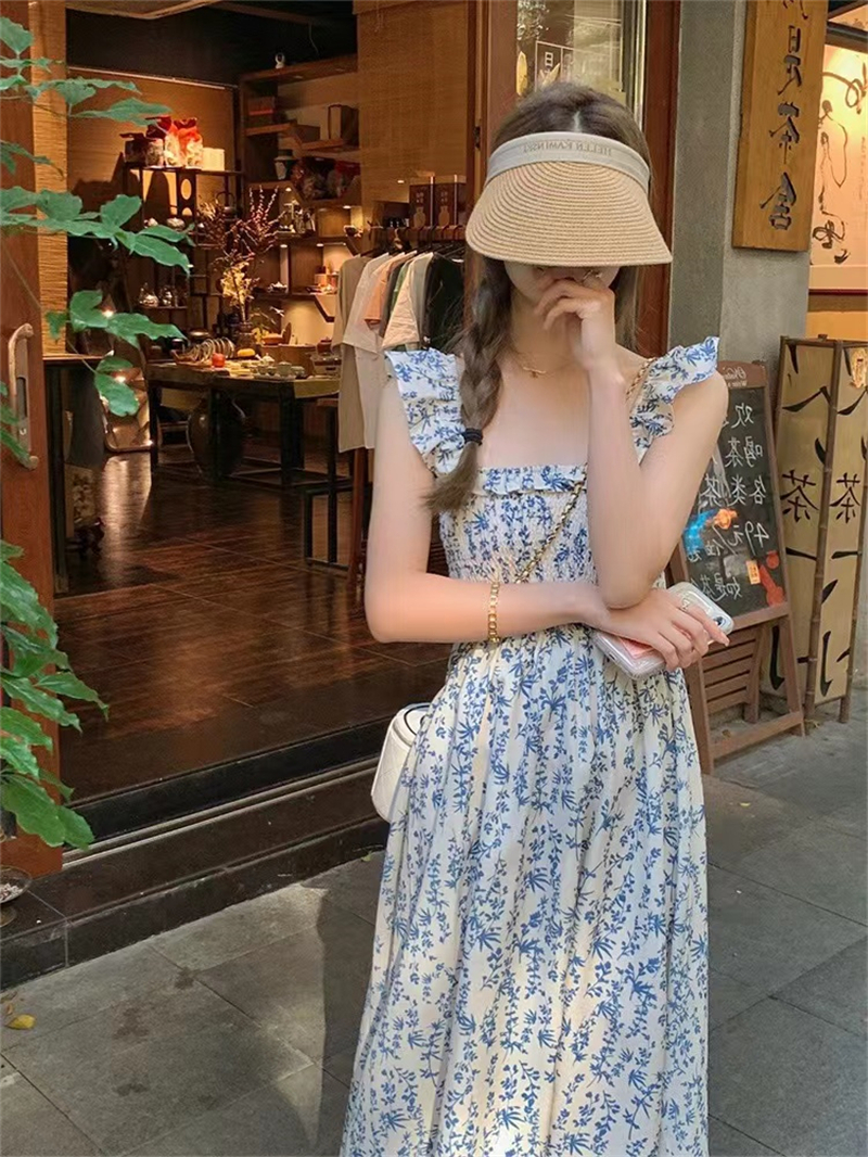 Lady France style all-match sling floral slim niche dress