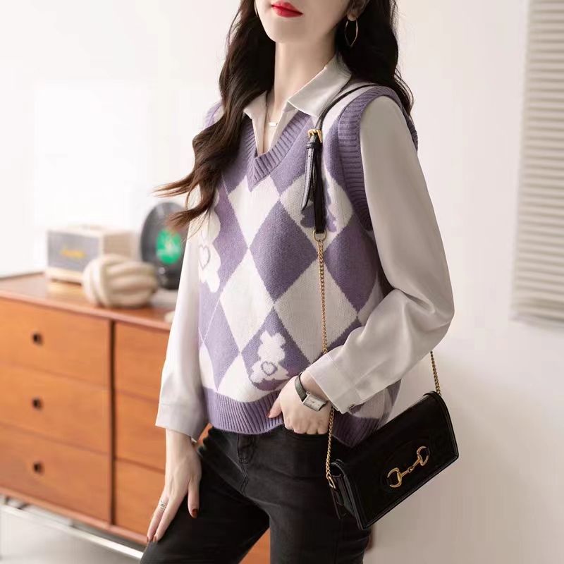 Retro cartoon quilted tops knitted spring vest for women