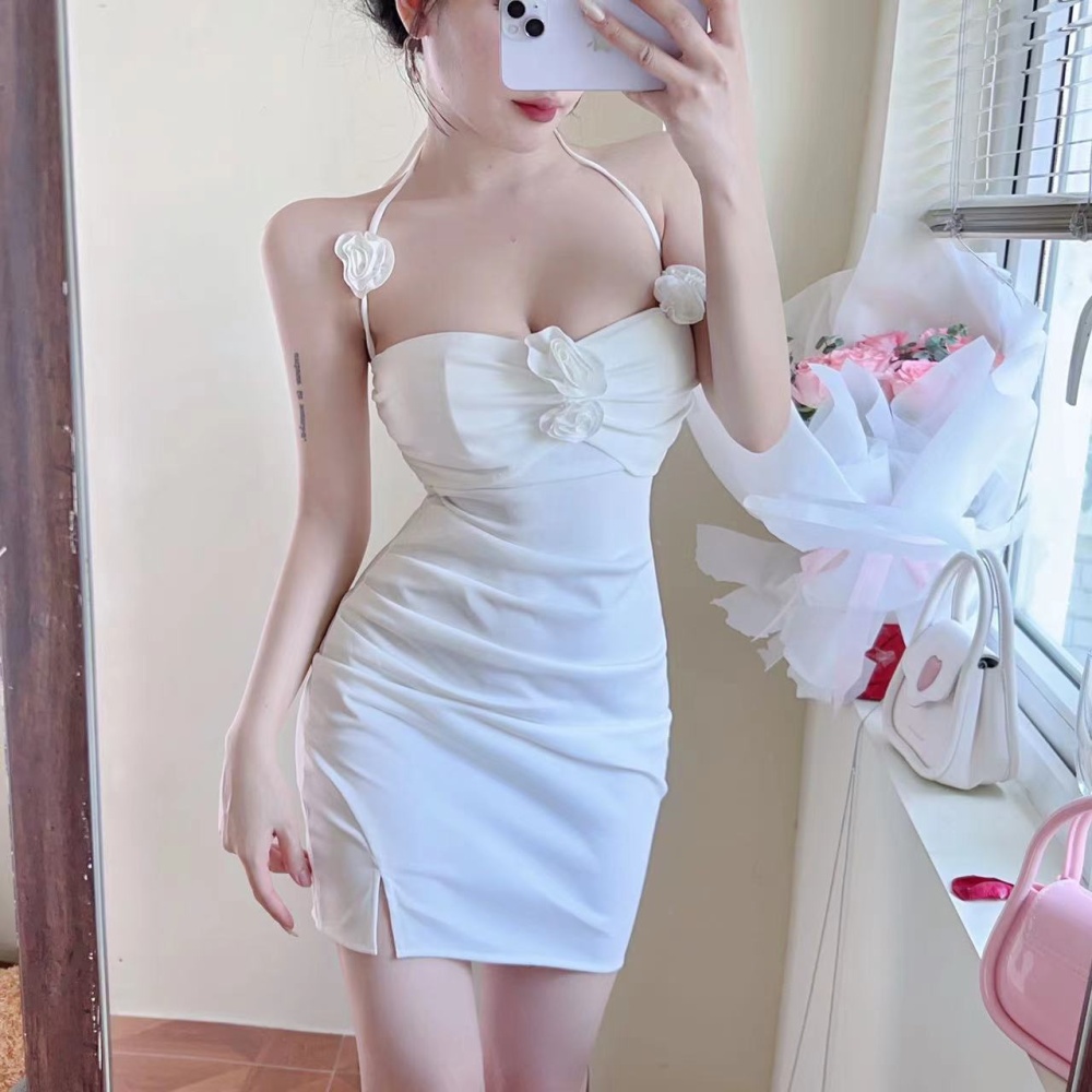 Halter flowers decoration sexy sling package hip dress