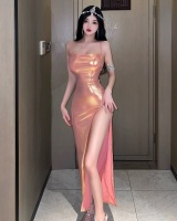 Split bronzing long dress sling glossy dress for women