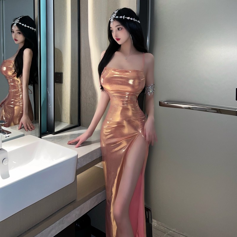 Split bronzing long dress sling glossy dress for women