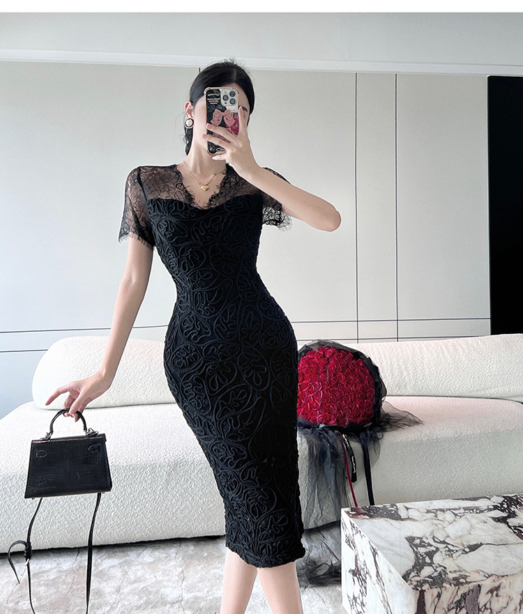 Lace embroidery black dress package hip slim formal dress