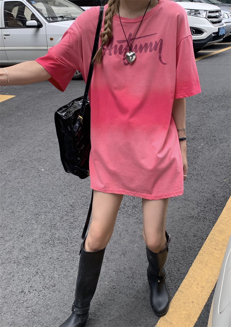 Loose summer washed tops short sleeve Casual pink T-shirt