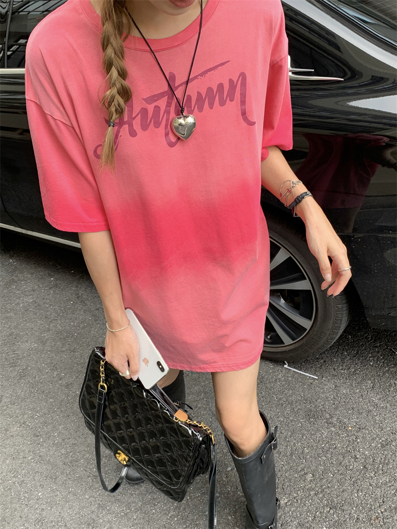 Loose summer washed tops short sleeve Casual pink T-shirt