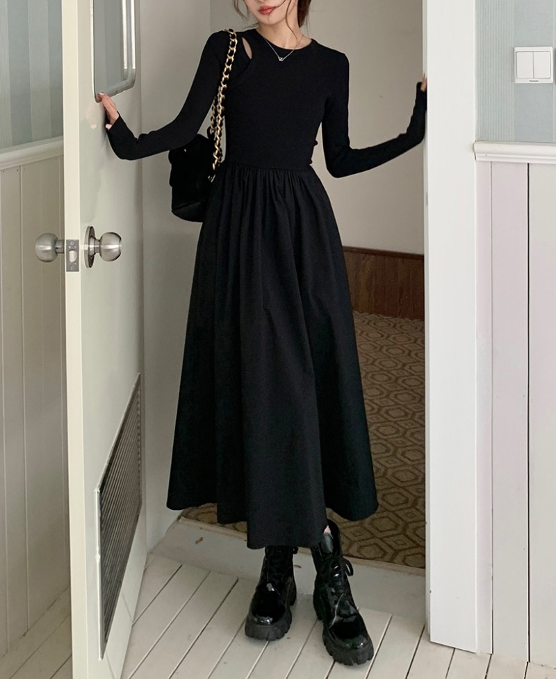 Hollow long sleeve dress temperament knitted long dress