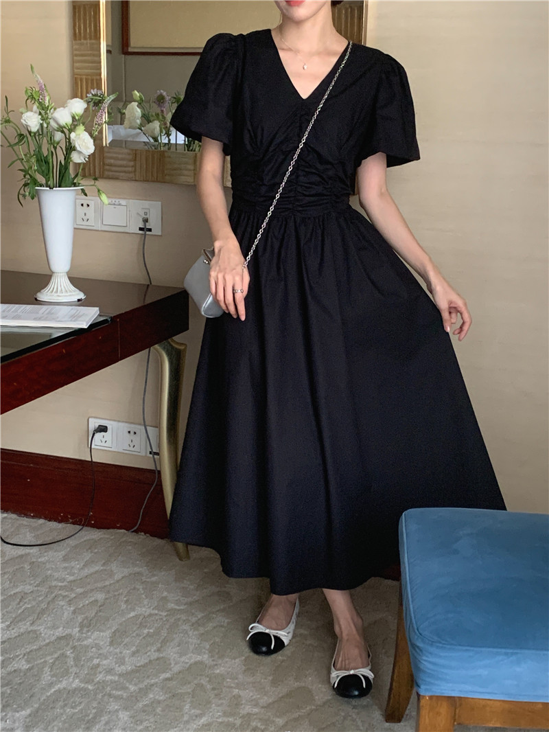 Pinched waist temperament France style V-neck dress