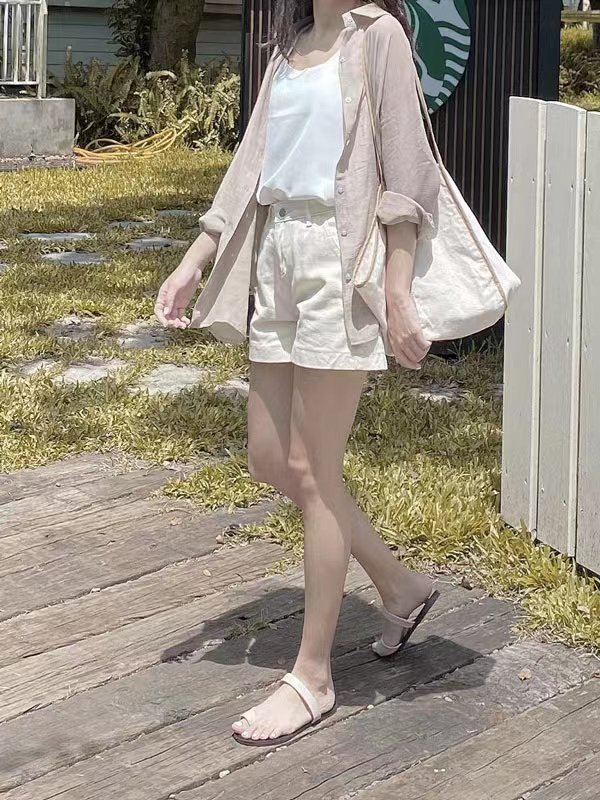 Loose washed Casual pure pants simple cotton wide leg shorts