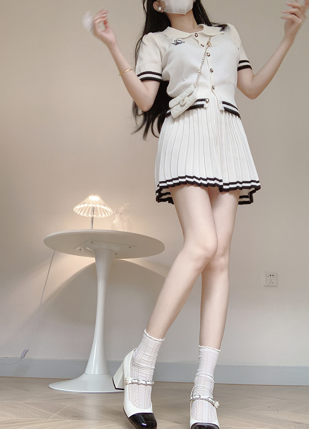 Pleated college style shirts Casual short skirt 2pcs set