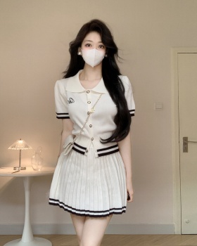 Pleated college style shirts Casual short skirt 2pcs set