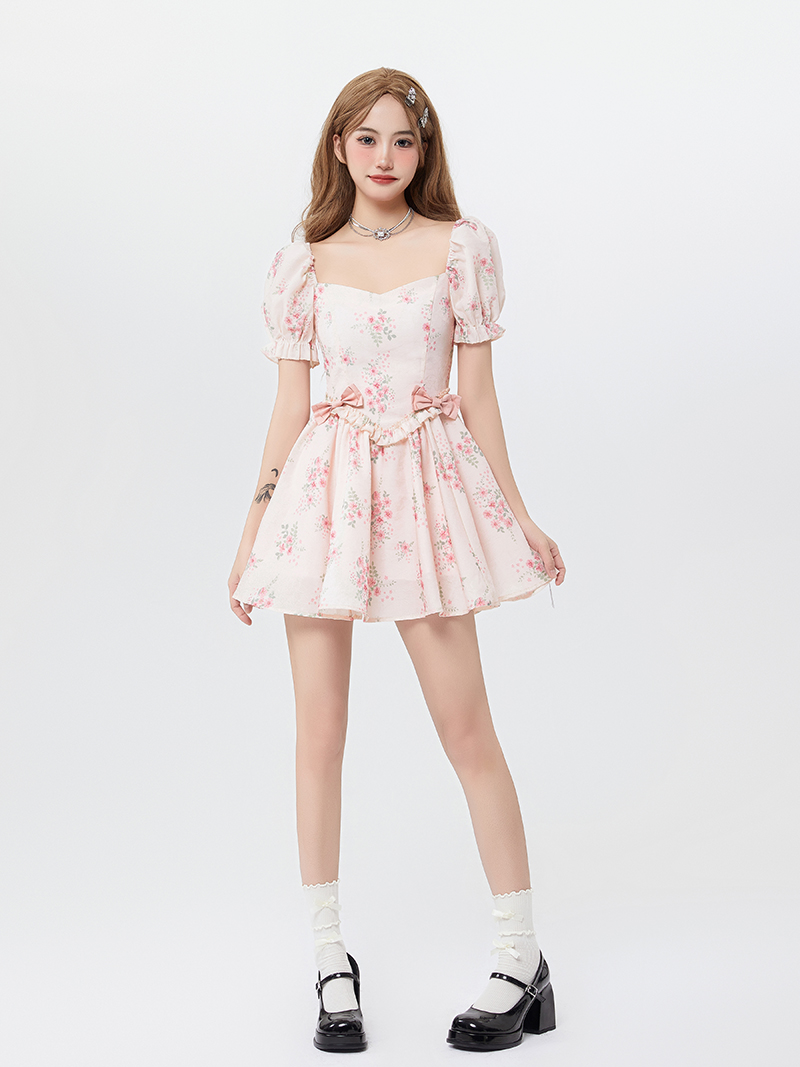 Summer puff sleeve sweetheart floral bow maiden dress