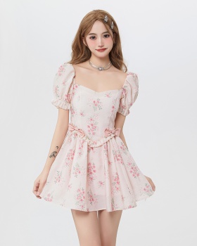Summer puff sleeve sweetheart floral bow maiden dress