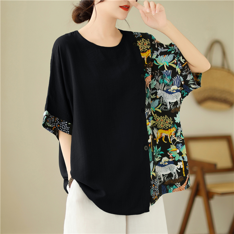 Printing splice T-shirt loose pullover tops