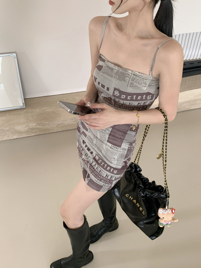 Slim sleeveless spicegirl strap dress printing retro dress