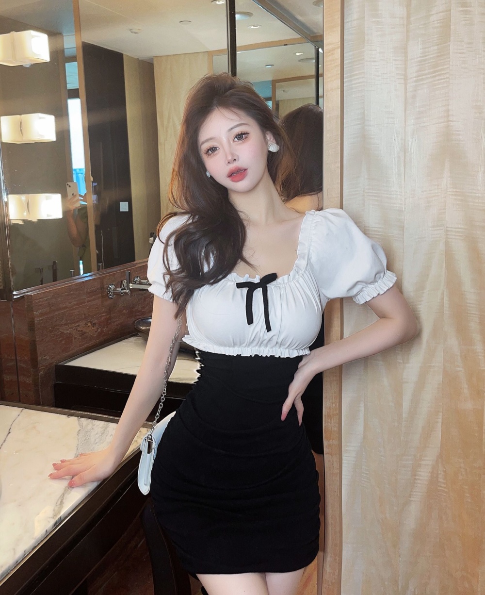 Short sleeve sexy low collar splice mixed colors dress