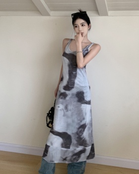Niche blooming printing long dress back hollow sexy dress