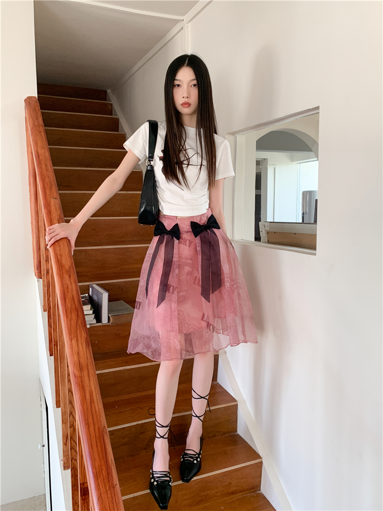 Printing pink T-shirt organza sweet short skirt