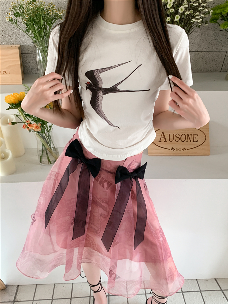 Printing pink T-shirt organza sweet short skirt