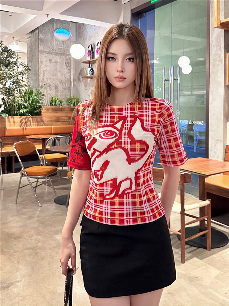 Red gauze T-shirt plaid niche tops for women