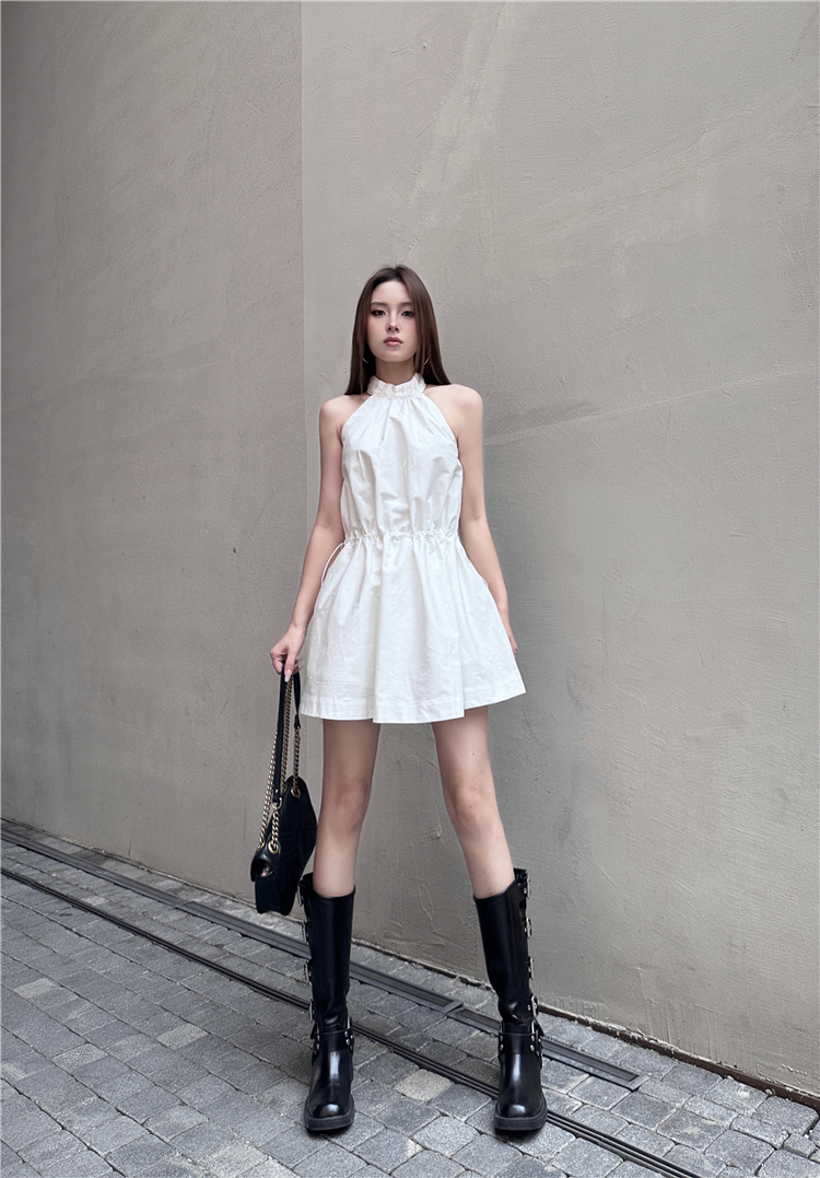 Summer slim drawstring short white adjustable halter waist dress