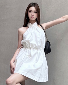 Summer slim drawstring short white adjustable halter waist dress