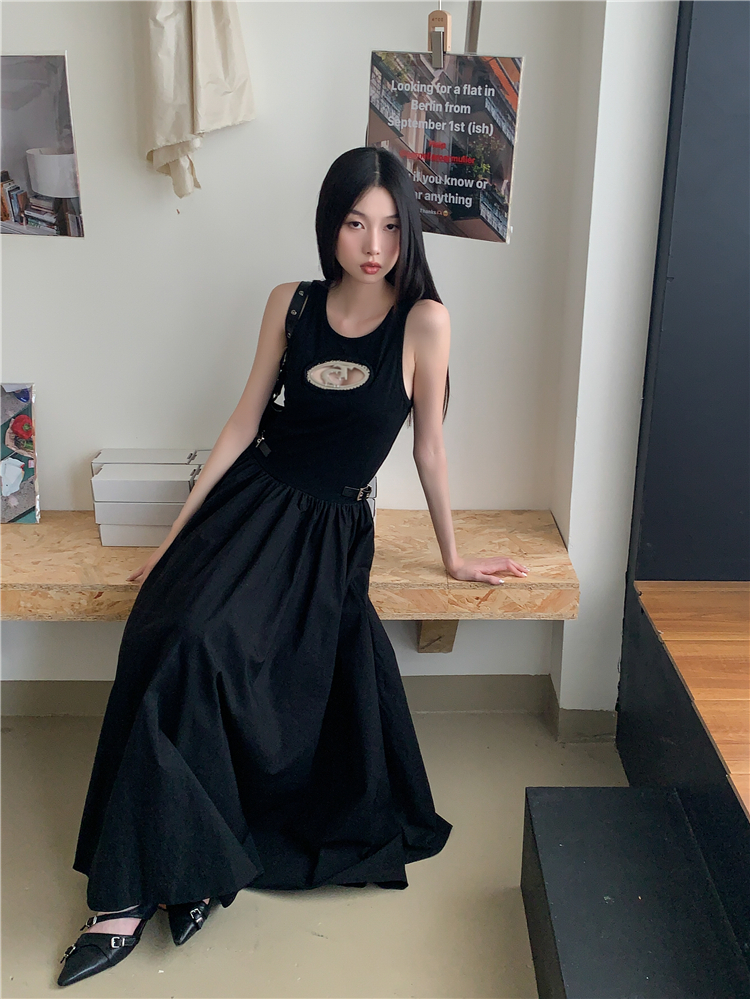 Black niche temperament long dress sleeveless spicegirl dress