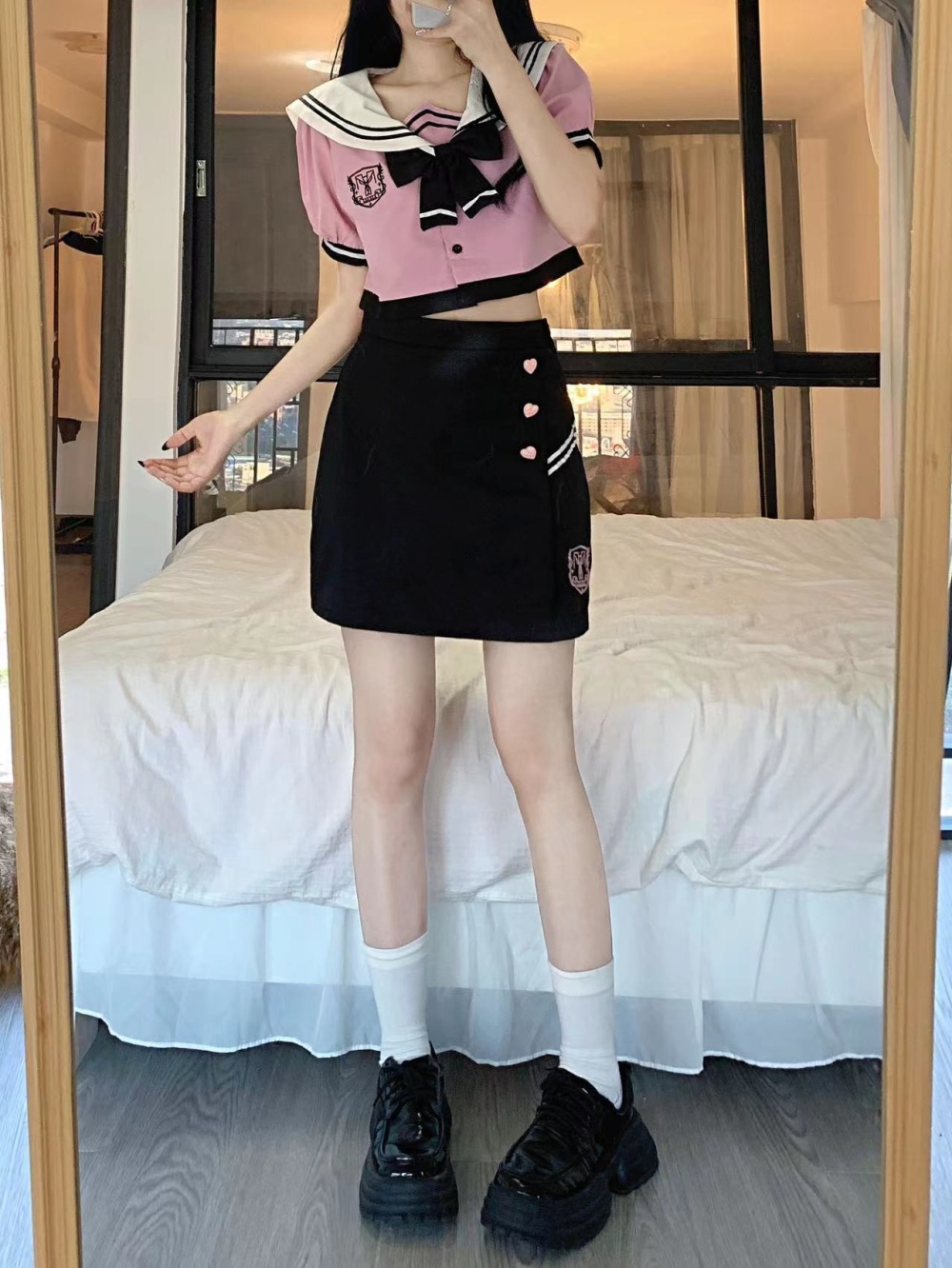 College Korean style shirt summer uniform 2pcs set