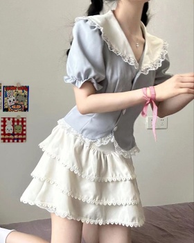 Short sleeve maiden summer cake navy collar skirt 2pcs set