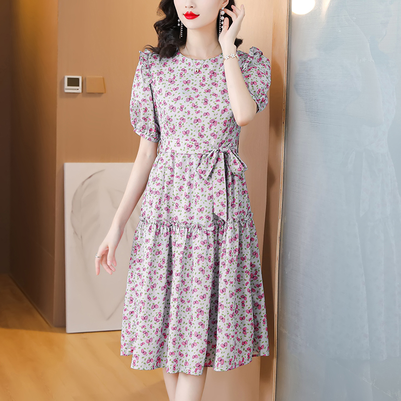 Butterfly real silk sweet round neck silk printing dress
