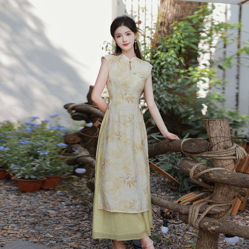 Printing short skirt Chinese style cheongsam 2pcs set