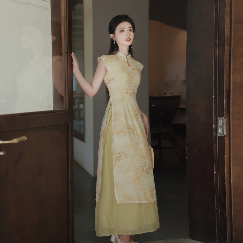 Printing short skirt Chinese style cheongsam 2pcs set