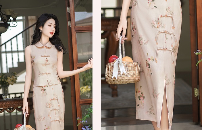 Printing lotus short skirt Chinese style summer tops 2pcs set