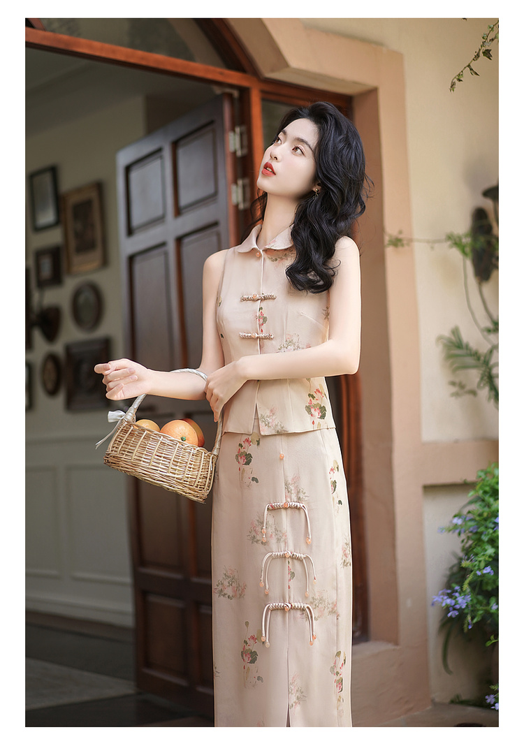 Printing lotus short skirt Chinese style summer tops 2pcs set