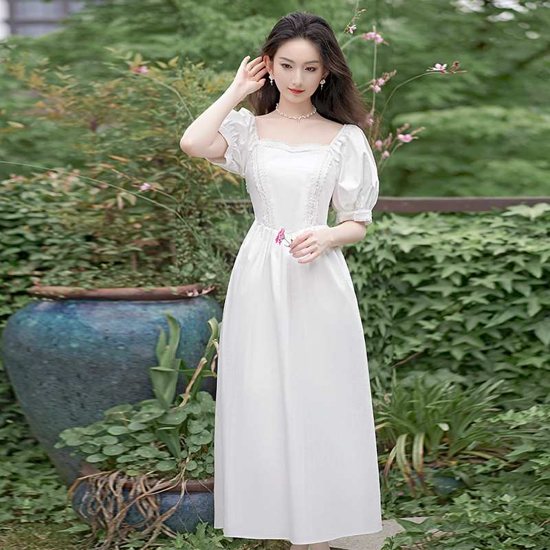 France style white square collar puff sleeve dress