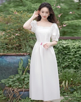 France style white square collar puff sleeve dress