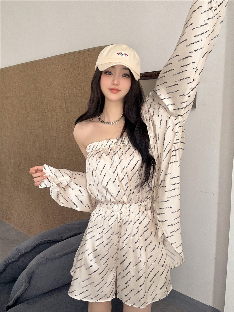 Wrapped chest loose shirt slim jumpsuit 2pcs set