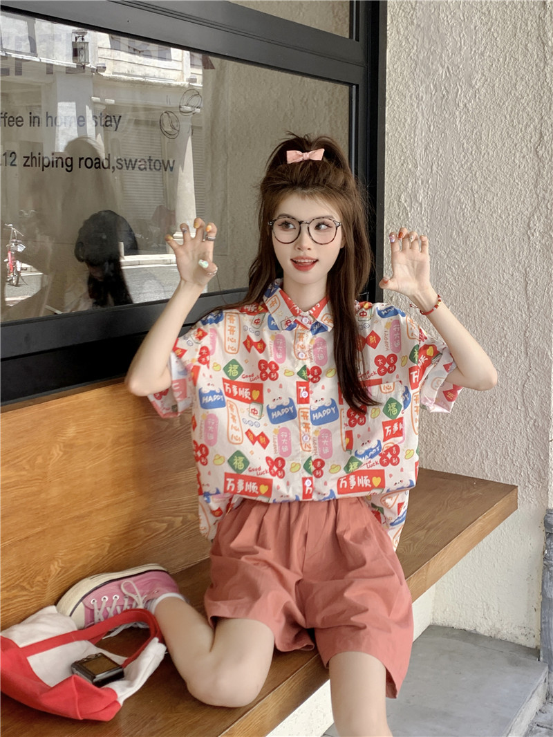Loose printing shorts Japanese style summer shirt 2pcs set