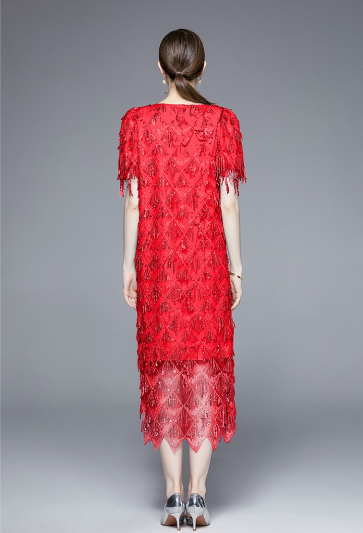 Elegant decorous tassels waves sequins petal long dress