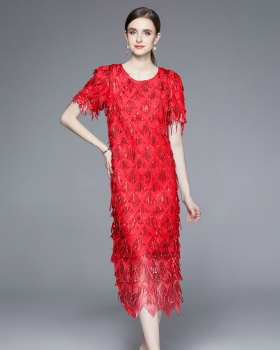 Elegant decorous tassels waves sequins petal long dress