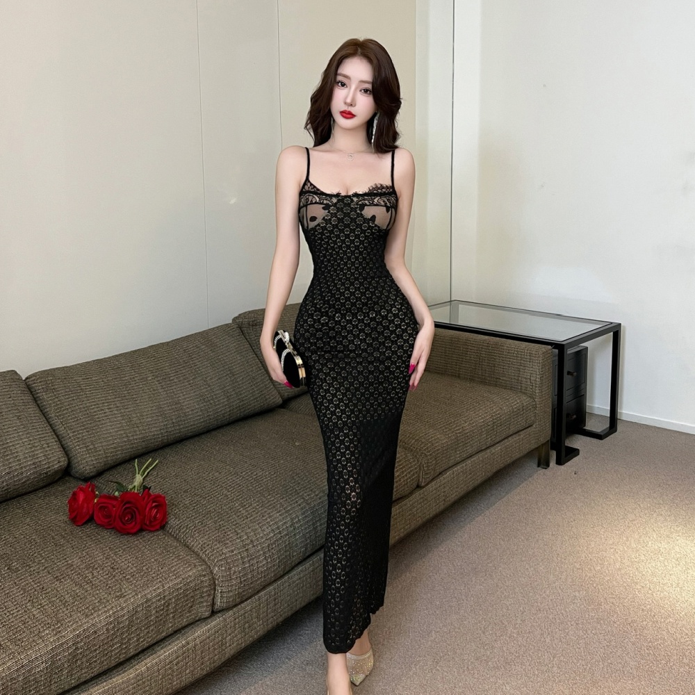 Mixed colors long sling sexy lace slit dress