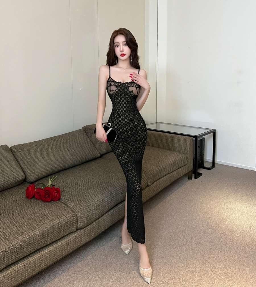Mixed colors long sling sexy lace slit dress